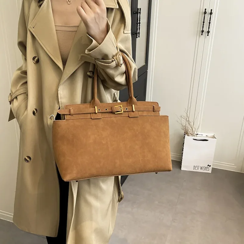 

Winter Matte Coffee Camel Grey Large Tote Russian Style Real Suede PU Leather Women Handbag Nubuck Commuter Office Shoulder Bag