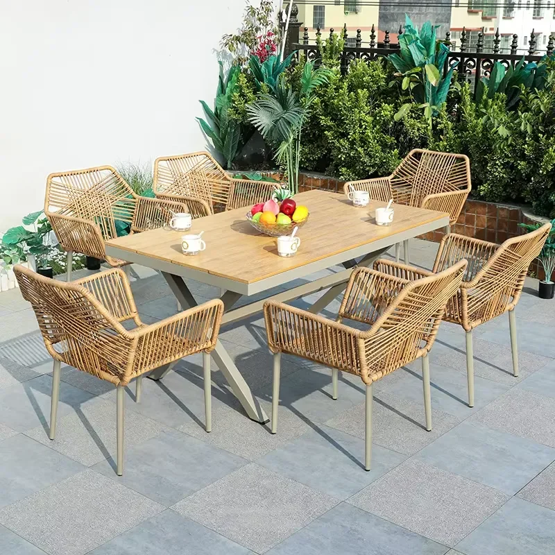 2025 HOT SELLING HIGH QUALITY NORDIC COMMERCIAL WPC ALL WEATHER RUSTPROOF OUTDOOR PATIO DINING SET FOR 6 PEOPLE