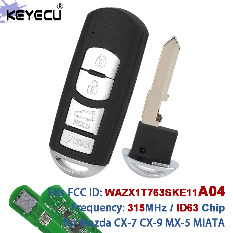 KEYECU 315MHz 63 Chip FCC ID: WAZX1T763SKE11A04, Model: SKE11A-04 Smart Remote Key Fob for Mazda CX-7 CX-9 MX-5 MIATA 2010-2015