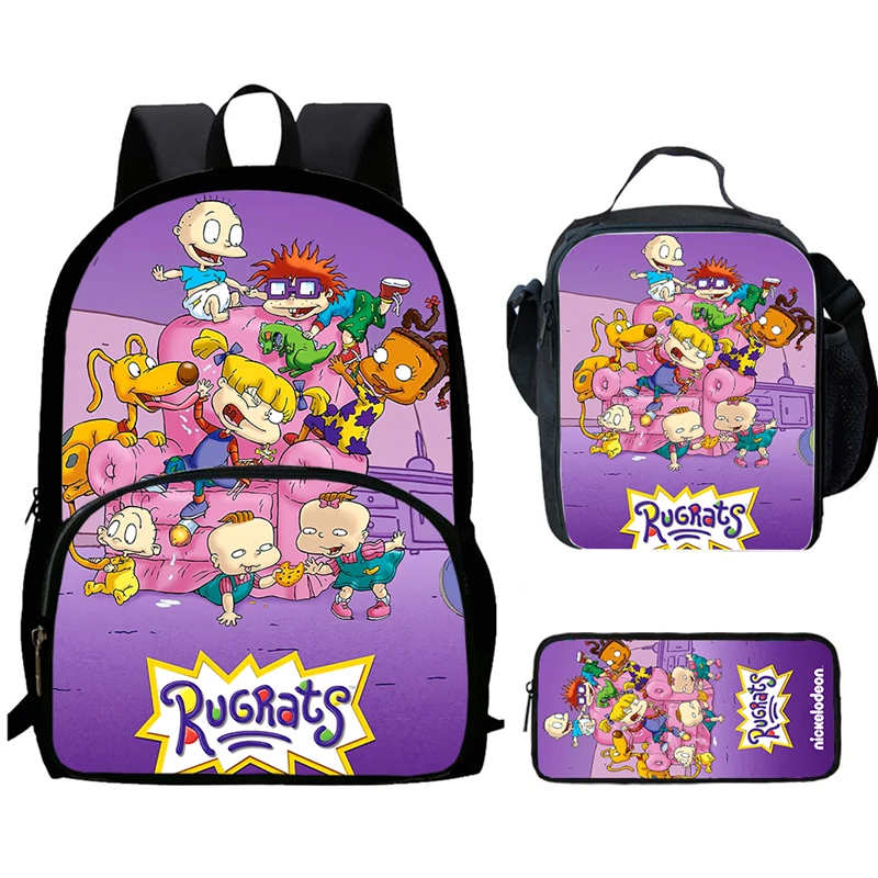 Cartoon R-Rugrats Child Backpack with Front Pocket,Lunch Bags,Pencil Bags for Aged 5-10 ,Cartoon School Bags for Boys Girls