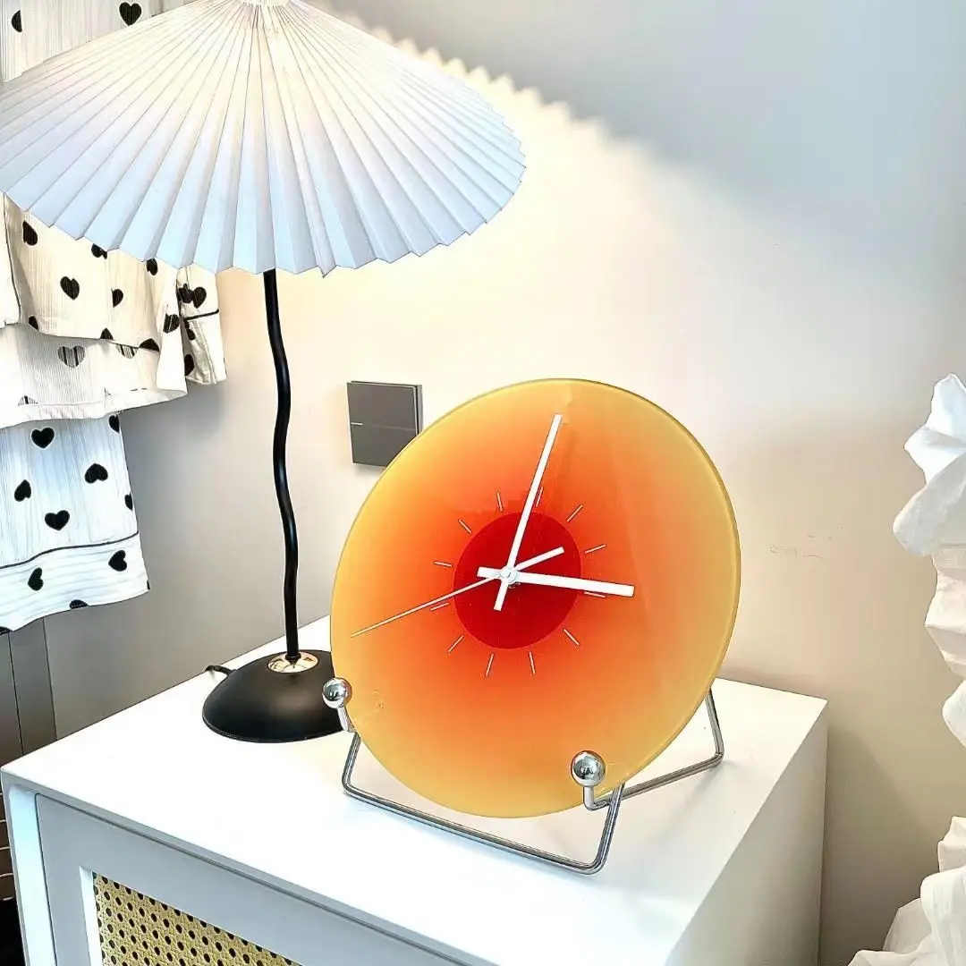 Nordic Sunset Wall Clock Celebrity Ins Light Luxury Living Room Punch-free Creative Decoration Mute Simple Glass Clock