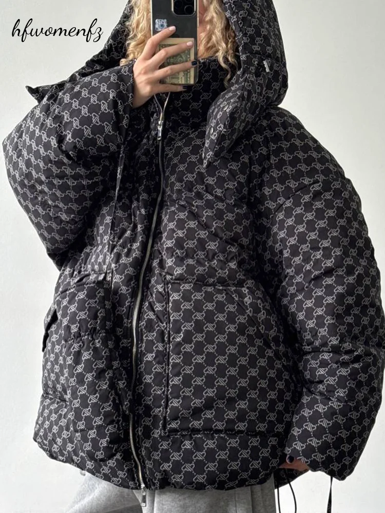 Oversized Women's Geometric Winter Hooded Jacket Full Sleeve Stand Collar Pocket Thick Warm Padded Coat 2026 New Lady Outwears