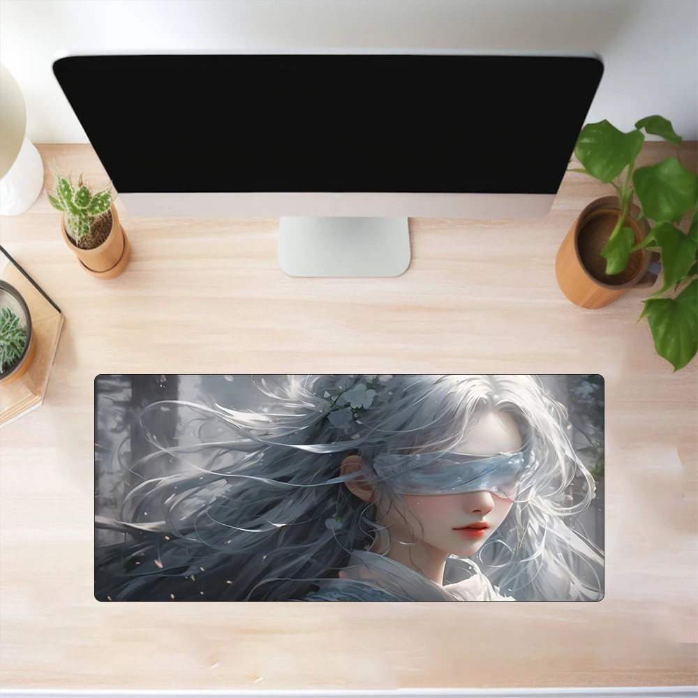 Kawaii Blindfolded Girl Big Mouse Pad 900x400 XXL Off-white Gaming Mouse Desktop Cute Gaming Accessories Office Work Mat