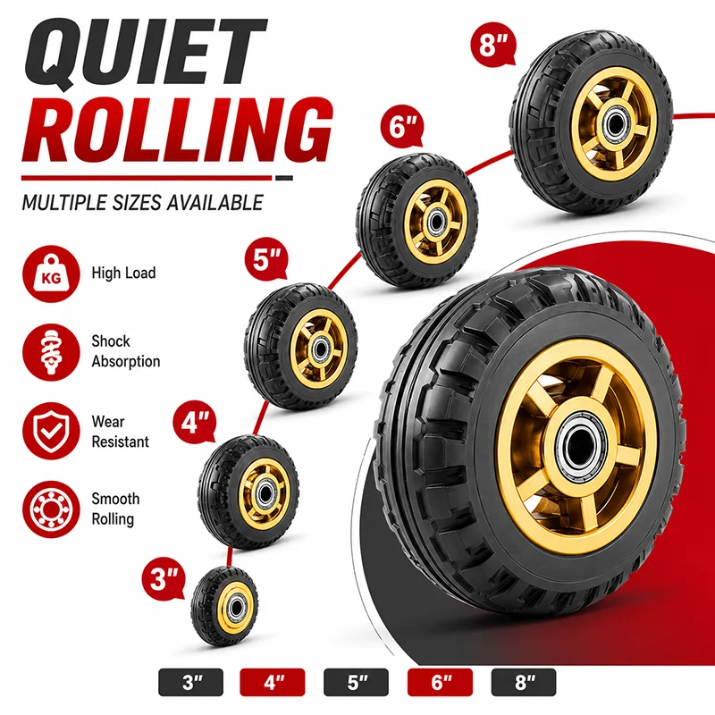 Silent Heavy Duty Rubber Caster Wheel 3/4/5/6/8 Inch Gold Hub Bearing Roller with Bolt Nut Sleeve for Cart Trolley