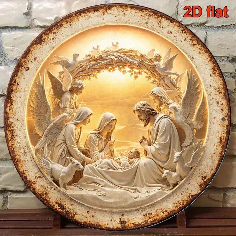 2D Vintage Metal Sign Nativity Scene Aluminum Round Wall Art Christmas Bible Story Decor for Living Room Coffee Gift