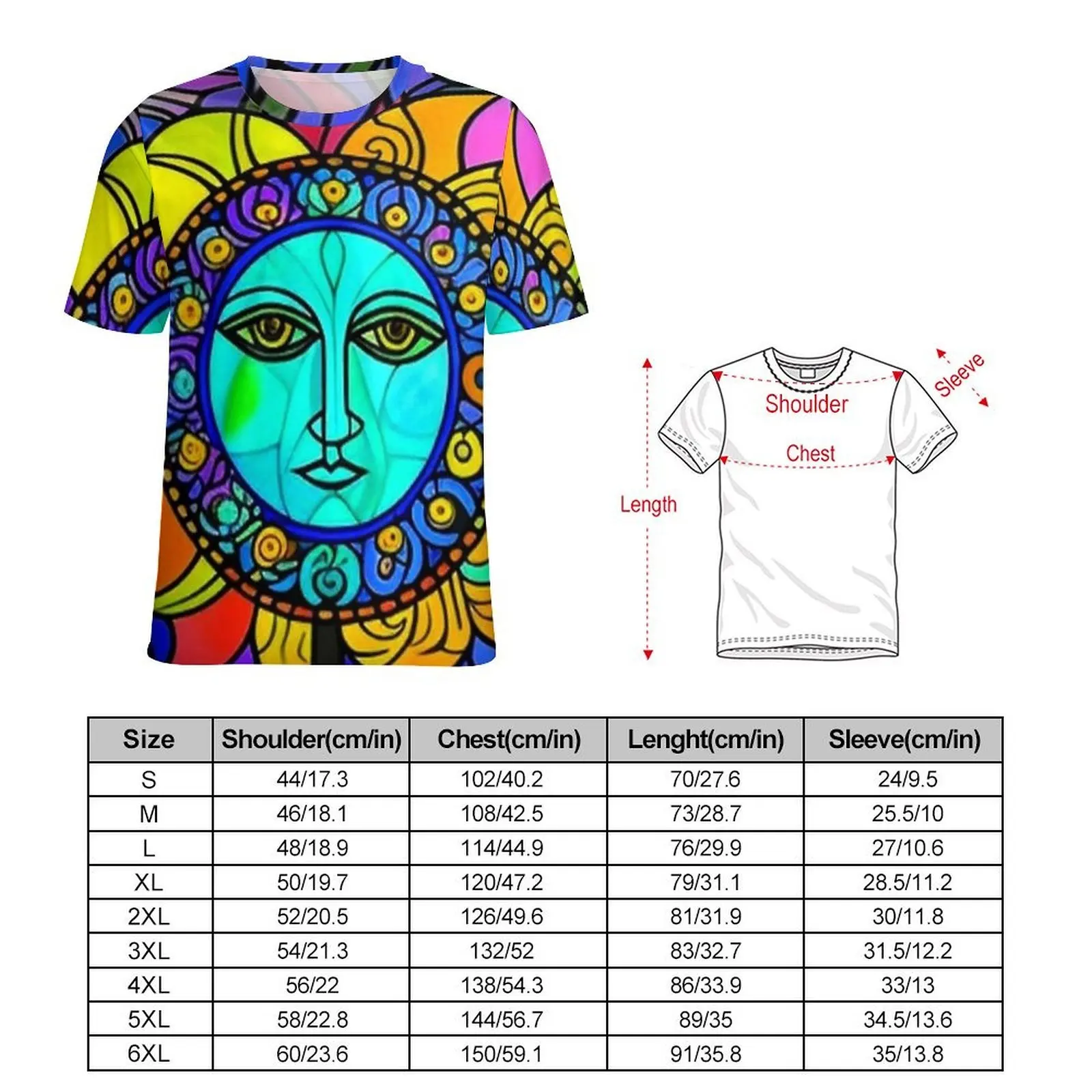 Stained Glass Sun Face Print T Shirt  Trending T-Shirts Men Funny Tshirt Beach Short Sleeve Printed Clothing Plus Size 5XL 6XL