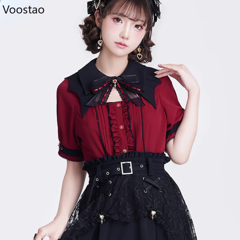 Gothic Y2k Aesthetic Shirt Japanese Cute Lolita Bow Lace Hollow Out Bat Collar Puff Sleeve Loose Blouse Women Sweet Clothes Tops