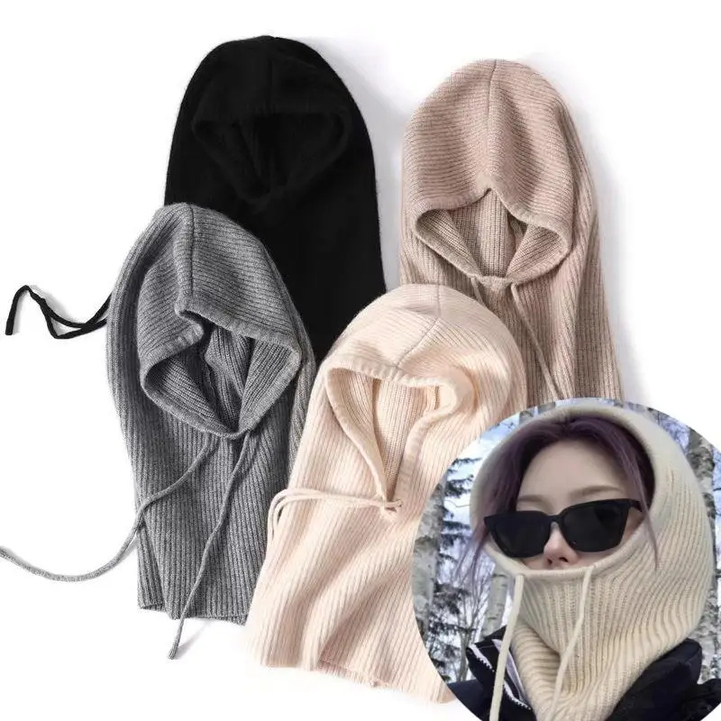 

Knitted Balaclava Hats One-piece Neck Ring Ear Protection Beanies Men Women Hooded Caps Unisex Warm Drawstring Solid Color Hat