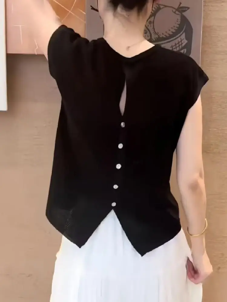 

Black Back Hollow out Short Sleeve Knitted T-Shirt Women's Fashionable Summer New Ice Silk Top Korean Style Loose Fit round Neck