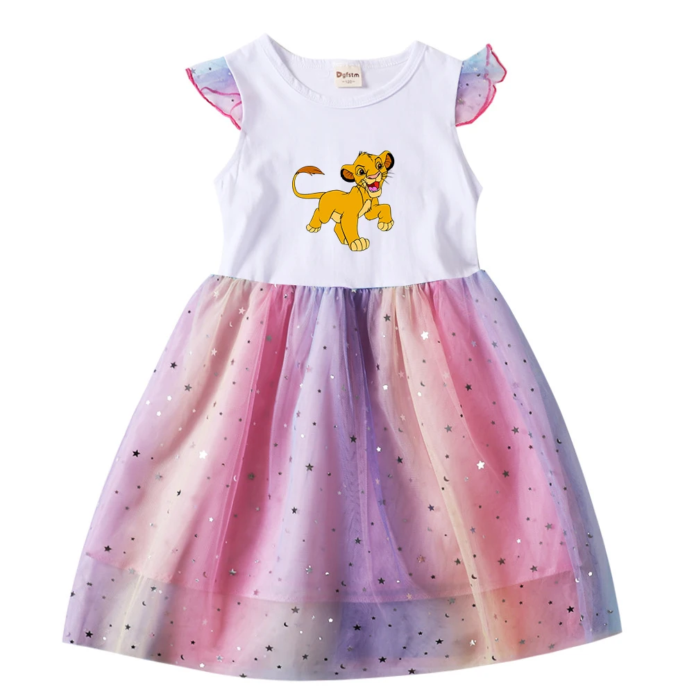 Disney The Lion King Summer Kids Dresses for Girls Cartoon Short Sleeve Princess Dress Children's Prom Mesh Dresses