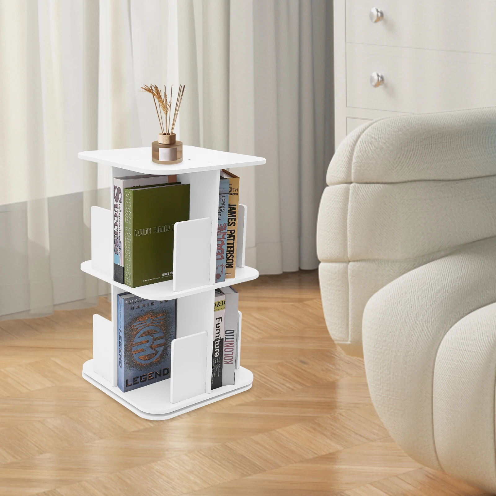 

2 Tier PVC Rotating Bookcase 360 Degree Space-saving Standing Bookshelf with Independent Compartments Stainless Steel Chassis