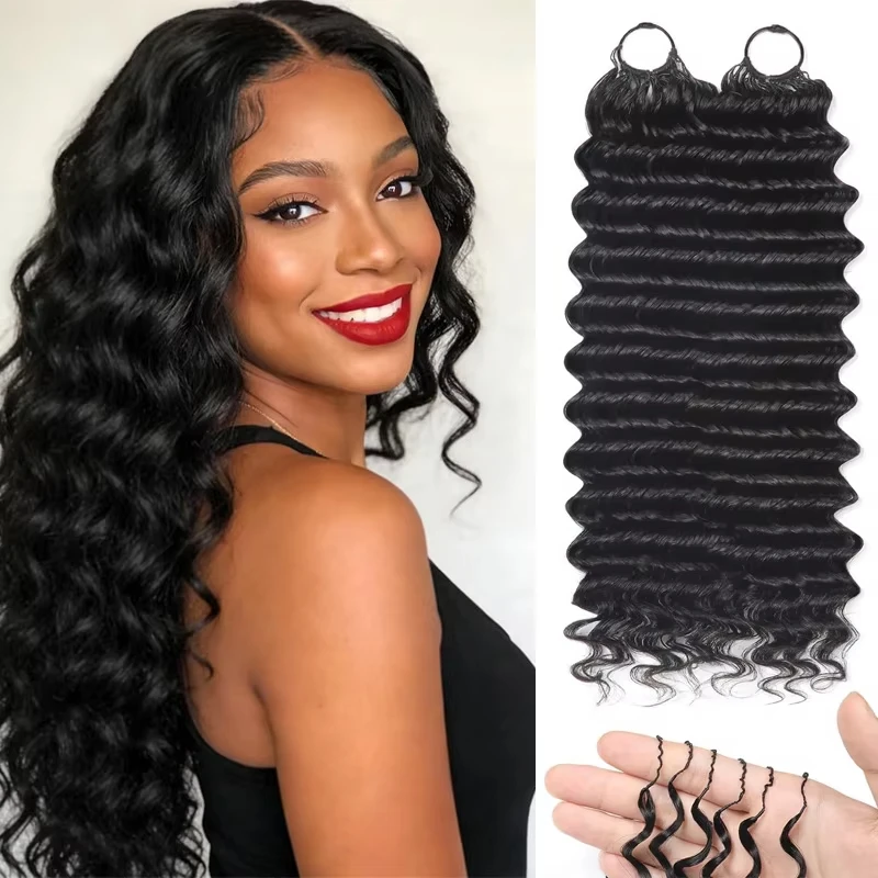 Extensions de cheveux humains au crochet, tresses Deep Wave Feather, style bohème, pré-séparées, nœuds miracle.