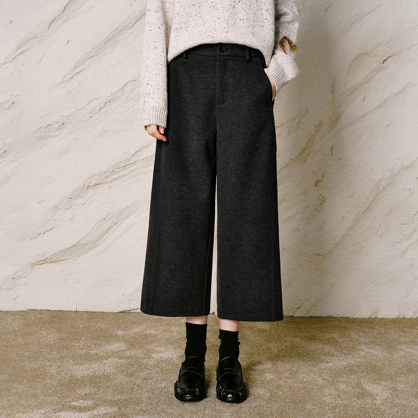 TOYOUTH Women High Waist Drape Wide Leg Suit Pants 2026 Winter New Woolen Cropped Trousers Commute Casual Pants