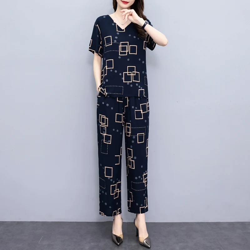 Summer Wide Leg Pant Sets Korean Style Elegant Two Piece Set Women Outfit 2023 New Casual Vintage Print Summer Woman Clothing