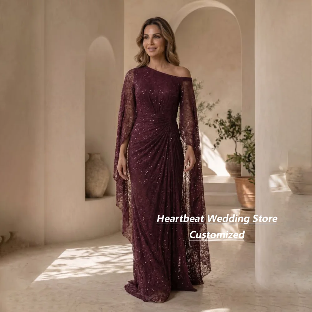 Customized Burgundy Sequin Lace Mother Of Bride Gown One Shoulder Cape Sleeve Mermaid Ruched Floor Length Formal Evening Dress