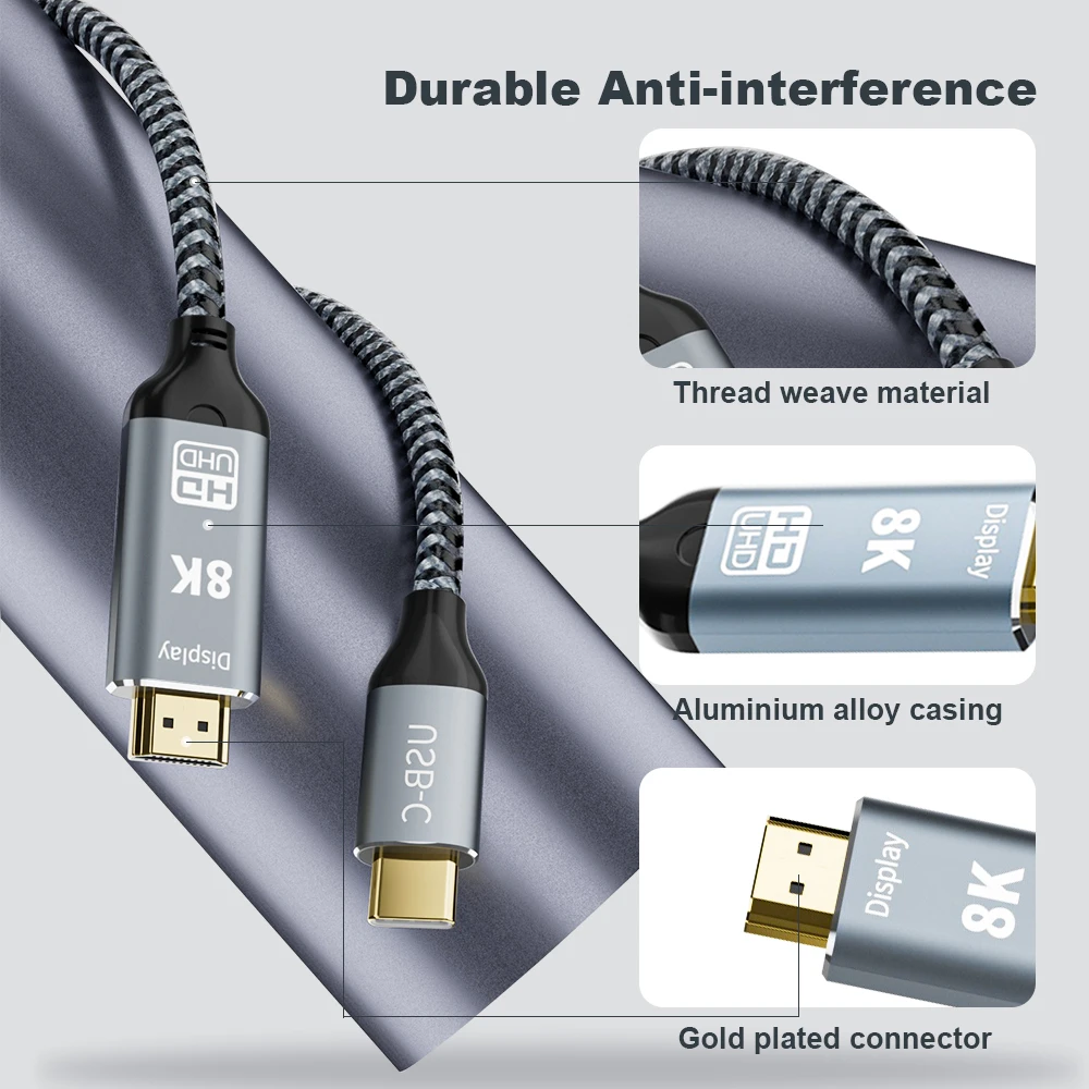 USB C에서 HDMI 2.1 케이블, HDMI 호환, 썬더볼트 3, 4 컨버터 어댑터, 노트북 맥북용, 8K, 60Hz, 4K, 120Hz