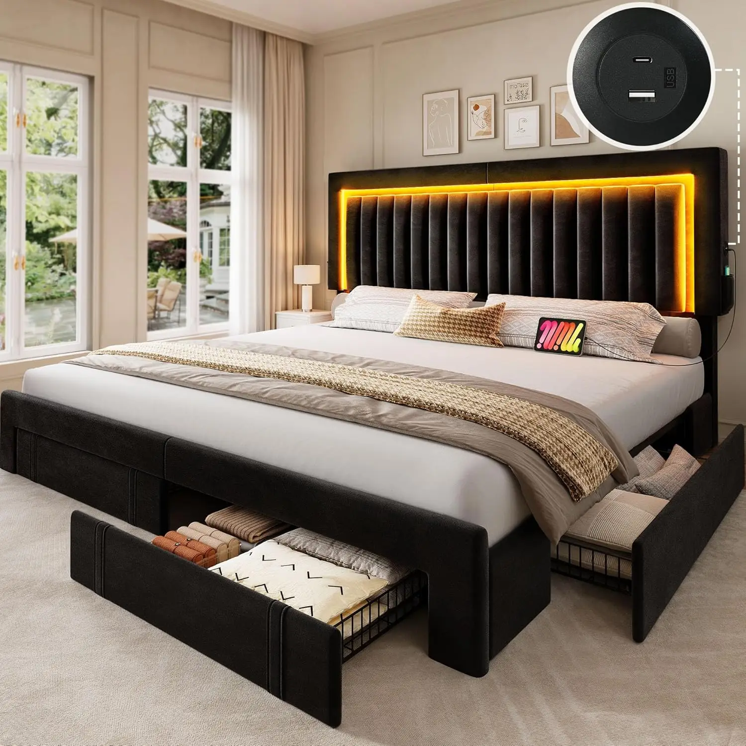 King Size Bed Frame with Velvet Vertical Tufted Upholstered Adjustable Headboard, 4 Storage Drawers, RGB LED Lights and USB Port