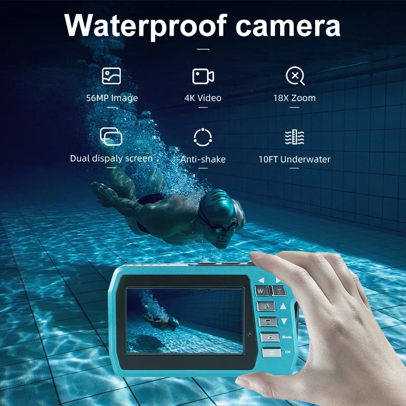 Câmera à prova d'água 56MP Câmeras subaquáticas UHD 4K / 30FPS Gravador de vídeo com telas duplas Câmera digital de natação de 10 pés para mergulho com snorkel