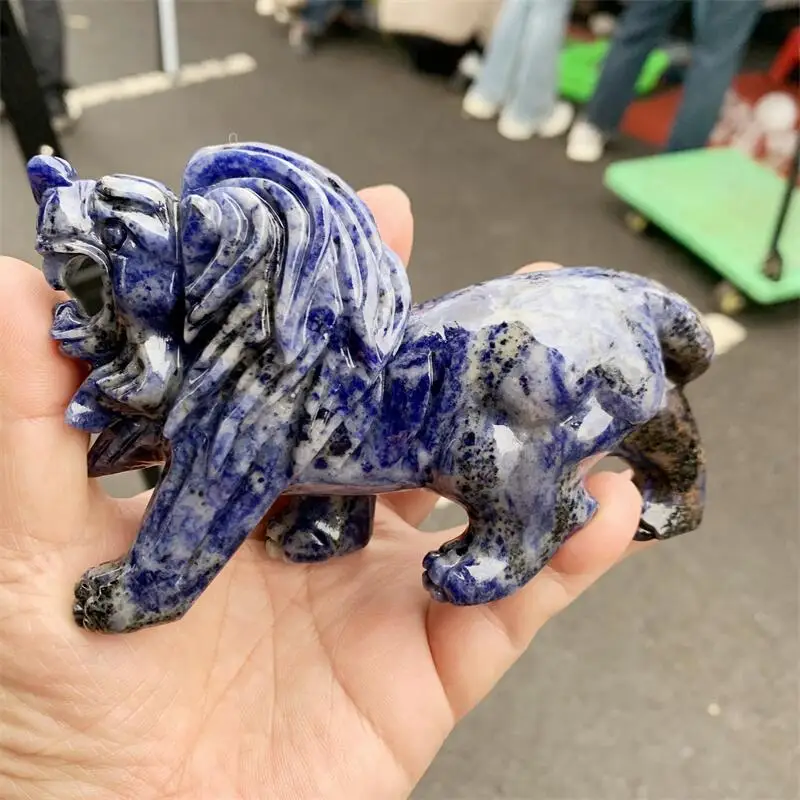 Natural Blue Sodalite Lion Carving Room Decoration Healing Crystal Animal Figurine Reiki Carved Stones Gift 1PCS