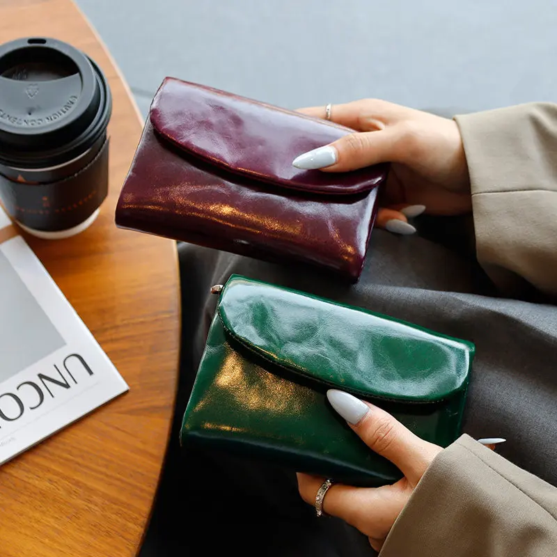 new-ladies-short-leather-wallet-multi-functional-card-holder-tri-stacked-oil-waxed-top-layer-cowhide-money-clip