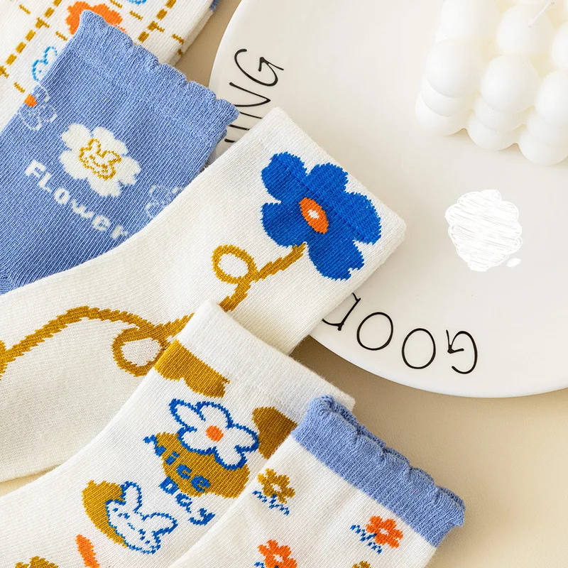 Cute Floral Design Kids' School Socks Set of 5 Pairs Spring Autumn Comfy Breathable Children's Footwear