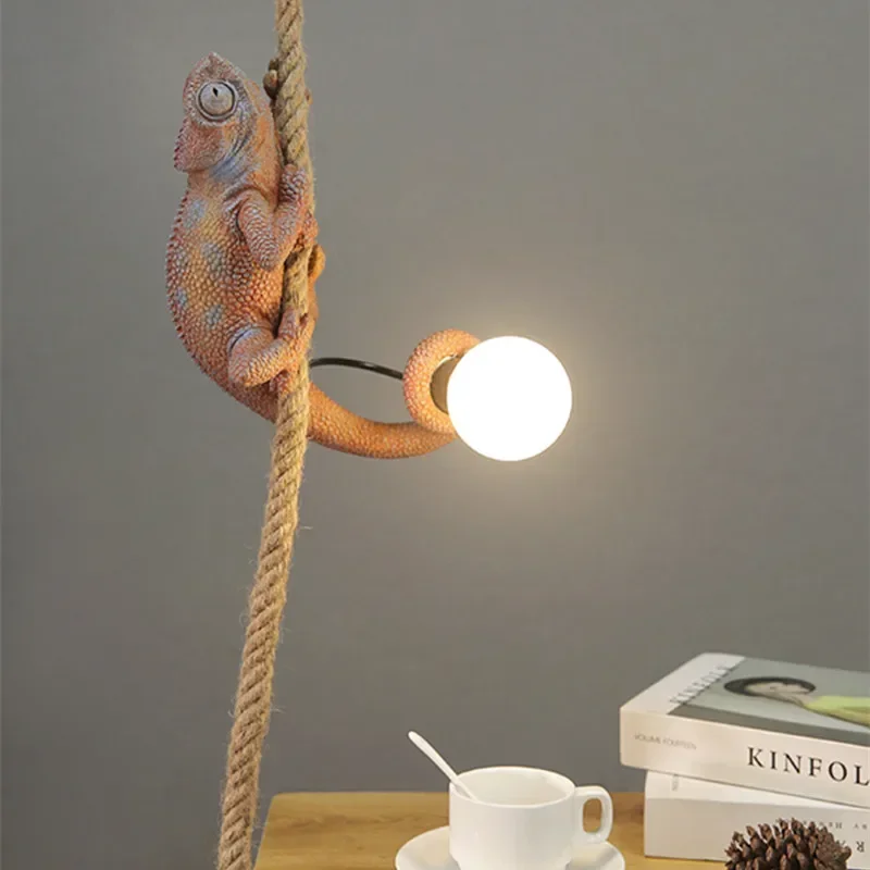 

Novelty Pendant Light Resin White Color Chameleon Light Animal Monkey Lamps Foyer Hemp Rope Lamp Study Coffee Decoration Light