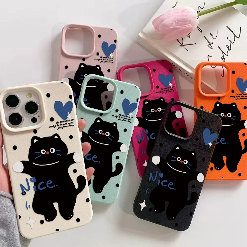 Coque de téléphone antichoc souple en cuir et silicone motif chat noir mignon pour iPhone 17 Pro Max 16 13 11 15 14 12 Pro Max 17 Air X XR