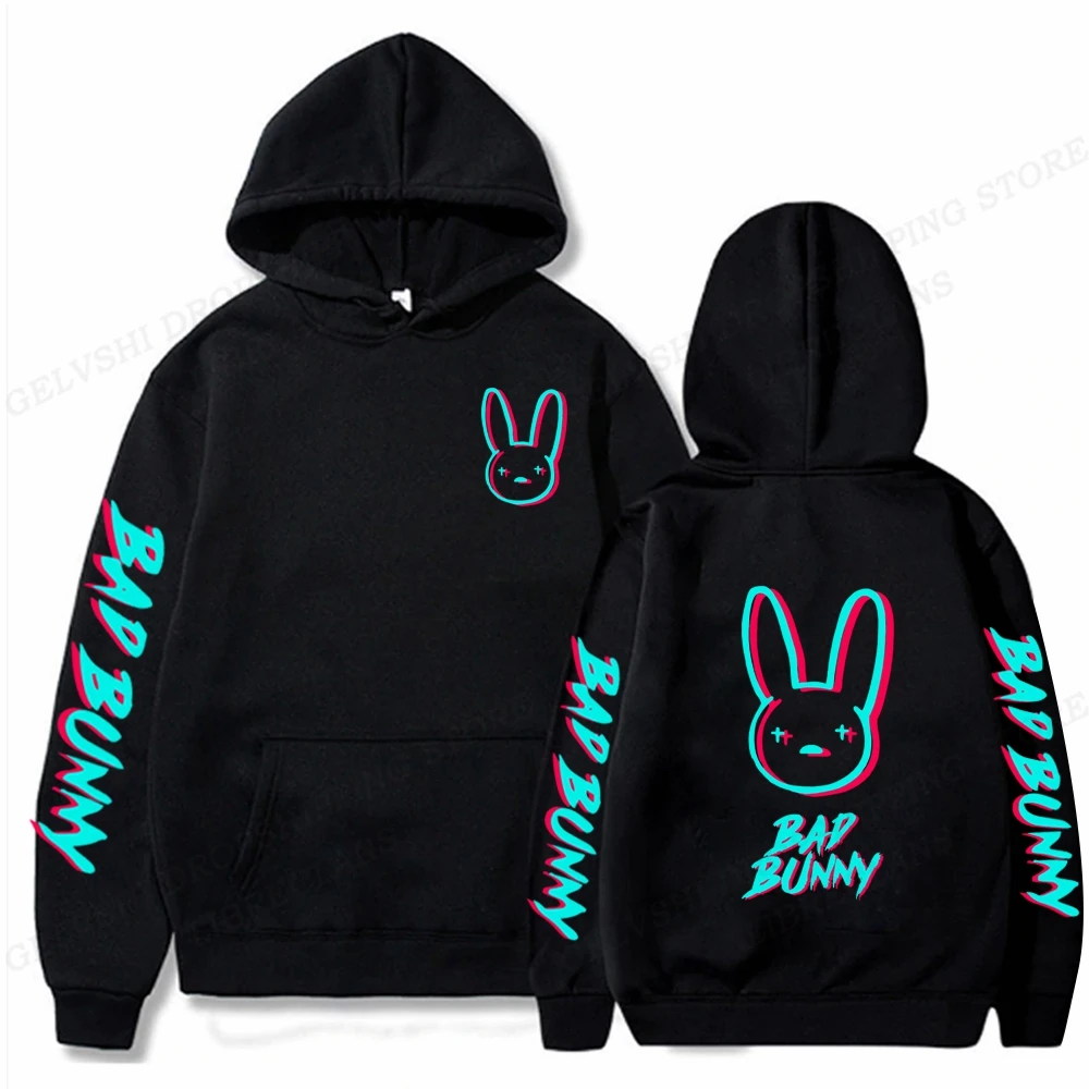 Raper Bad Bunny Bluzy z nadrukiem królika Mężczyźni Kobieta Streetwear Hip Hop Bluza z kapturem Bluzy z kapturem Pulowery Unisex Odzież dresowa