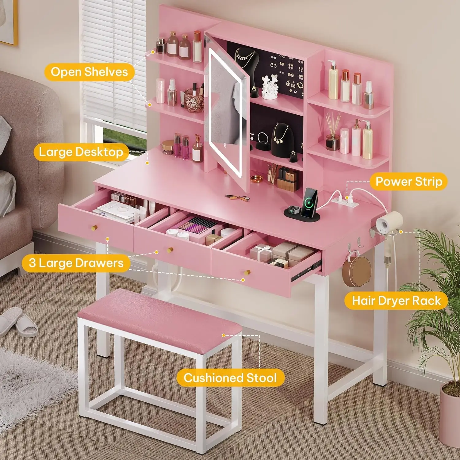 مكتب فانيتي مع مرآة وأضواء LED ومخرج طاقة، 3 أوضاع إضاءة قابلة للتعديل، مجموعة طاولة تزيين مع كرسي، طاولة مكياج