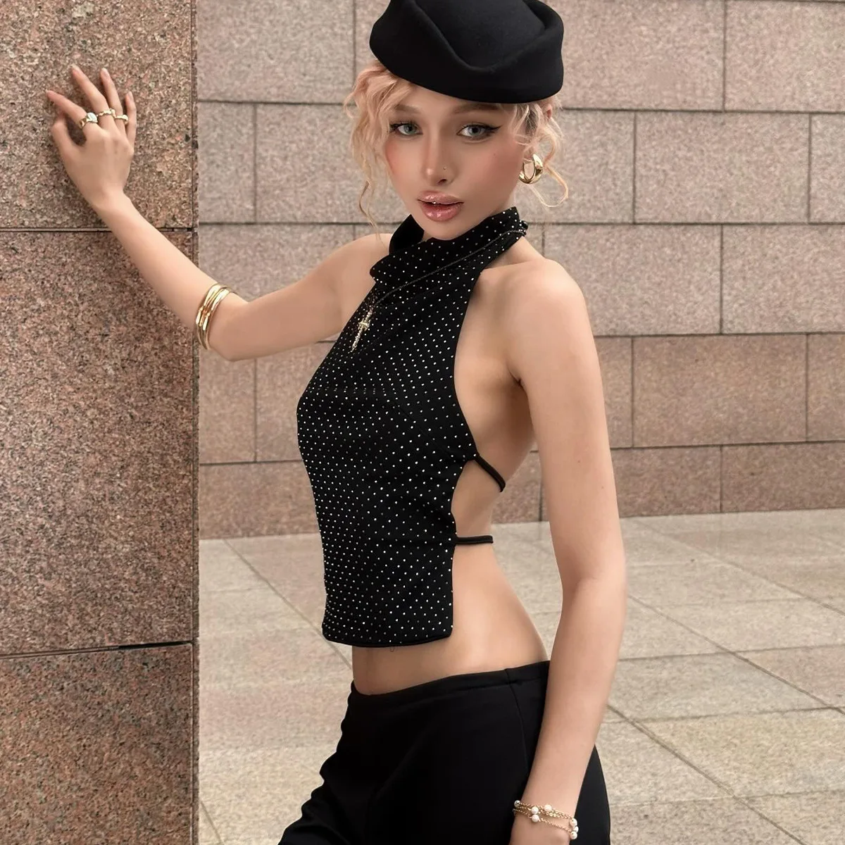 Women's Halter Backless Polka Dot Sleeveless Evening Dress Long Elegant Formal Party Gown
