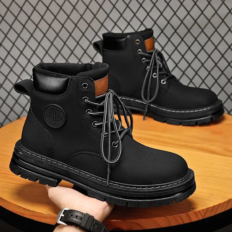 

New Black Mens Boots British Style Work Safety Man Boots Leather Men High Top Ankle Boots Increased Water Proof Boots for Men