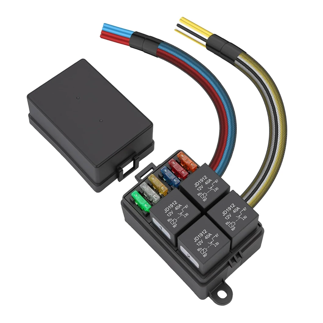12/24V 40A Pre-Wired Auto Relay&Fuse Box 6 Ways ATC/ATO Blade Fuses and 40A JD1912 4Pin Auto Relay for Automotive Marine Ships