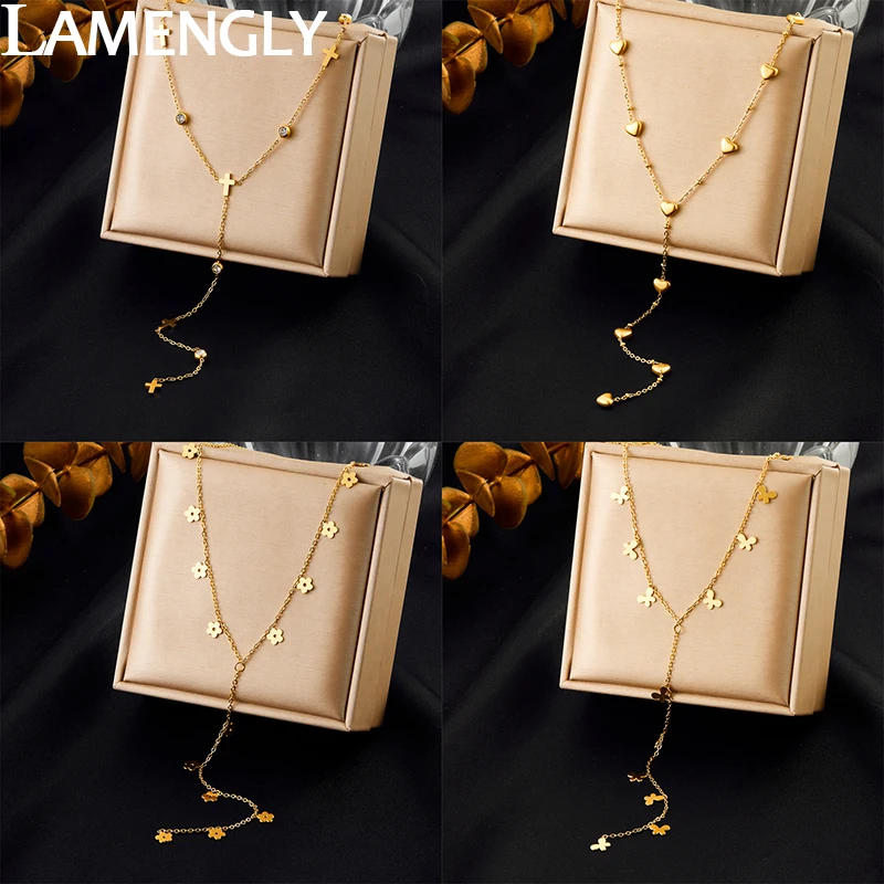 

LAMENGLY 316L Stainless Multi-Element Cross Heart Flower Butterfly Series Long Pendant Necklace Women Fascinating Clavicle Chain
