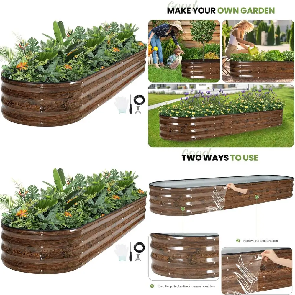 

Raised Garden Beds - 8x2x1ft Galvanized Planter Kits with Protective Tape, Gloves, and Tools | Outdoor Oval Beds for Growing Veg