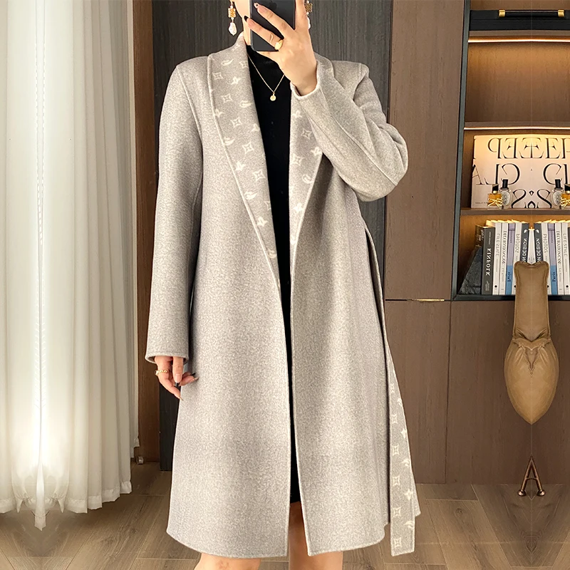 Autumn and Winter New Green Fruit Collar Double-Sided Woolen Australian Wool Women's Coat Fashion Pattern Waist Trimming Coat