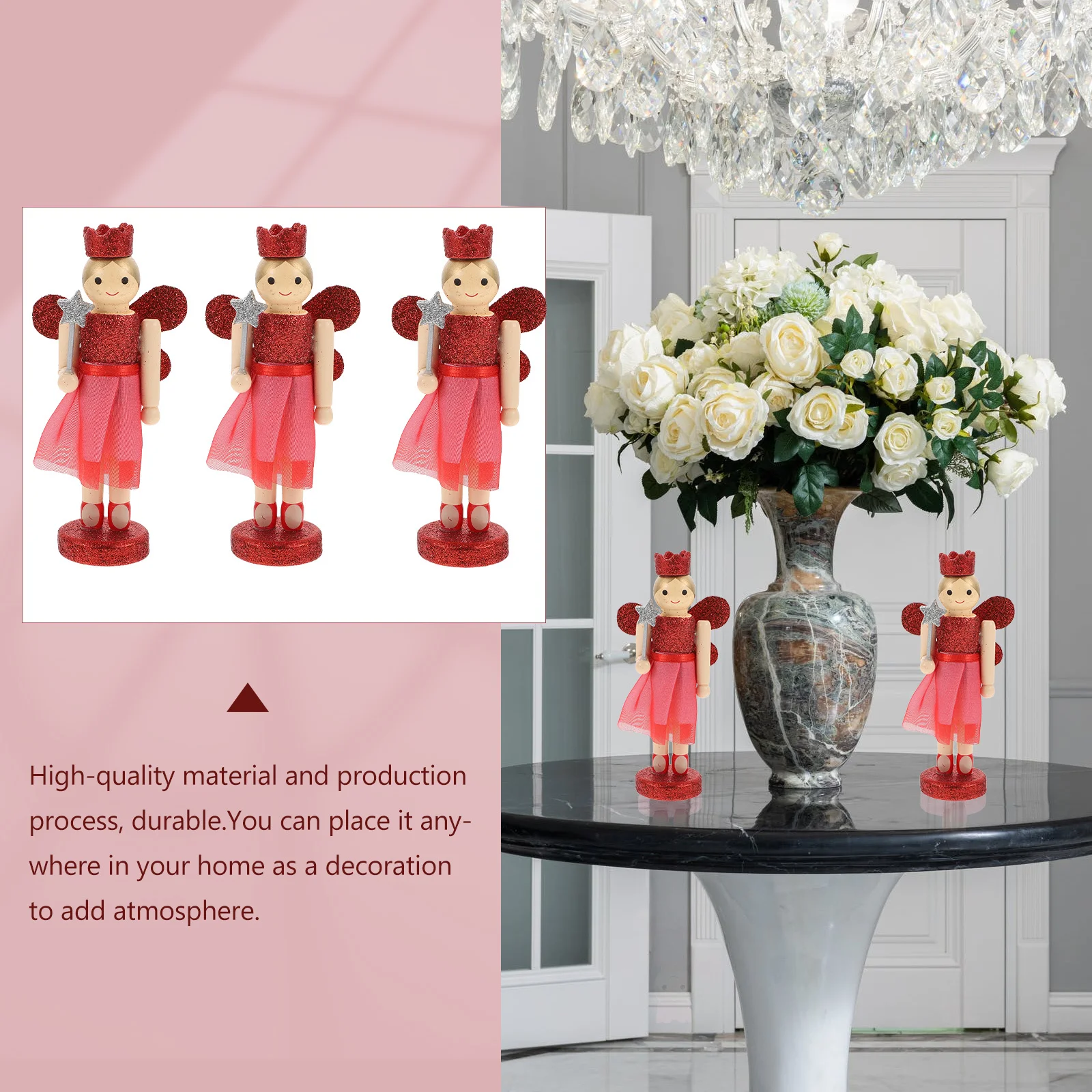 

3Pcs Wooden Nutcracker Decor Walnut Angel Crafts Lovely Elements Home Decoration Long Term Use Environment Friendly