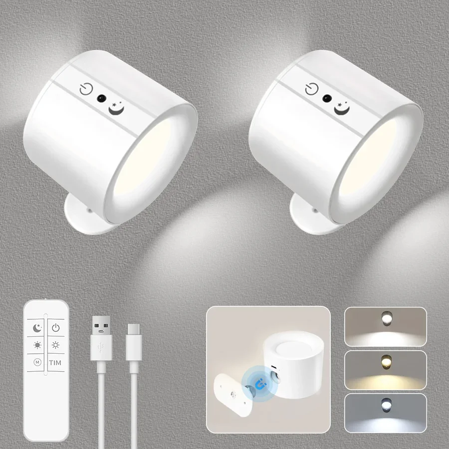 Rechargeable LED Wall Lamp 3 Colors Wall Light Sconces 360 Rotatable Touch Remote Control Bedroom Lamps Living Room Decoration