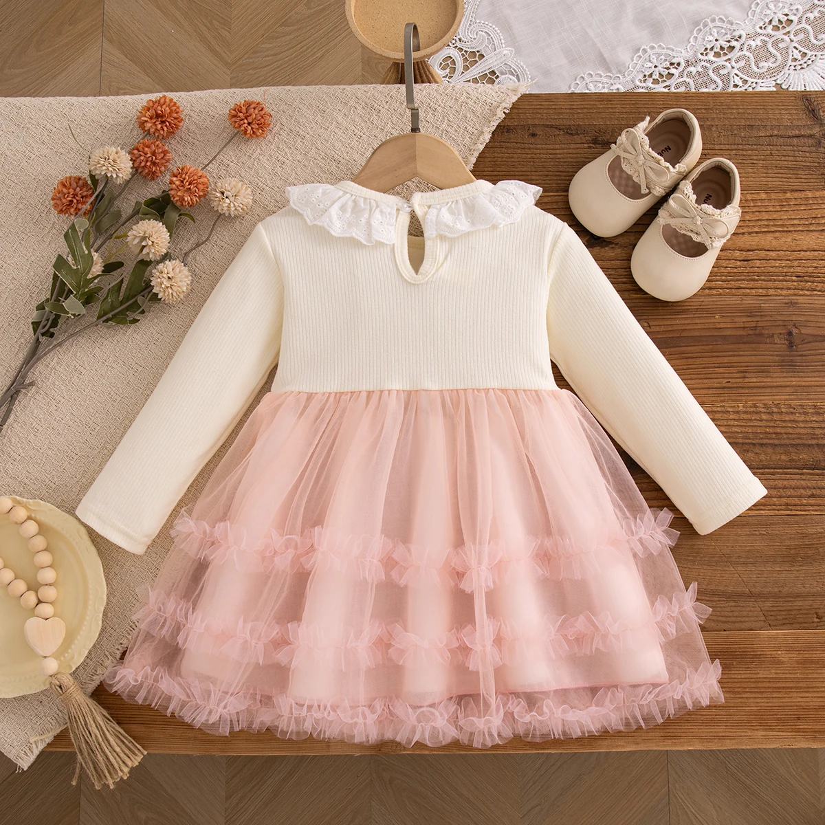 Autumn New Bow Chiffon Baby Girl Princess Dress Beige Knitted Long Sleeved Children'S Clothing (9 Months -3 Years Old) 5