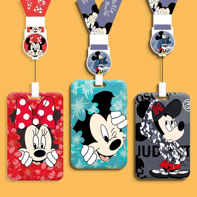 Disney Minnie Mickey Cartoon Work Card Holder Women ID Name Tag Students Bus Card Cover Case Retractable Badge Reel IC Card Bag