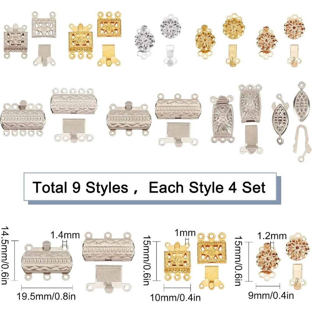 1 Box 36 Sets 9 Styles Necklace Layering Clasp Multi-Strand Flower Connectors Spacer Slide Clasps Brass Separator for Layered