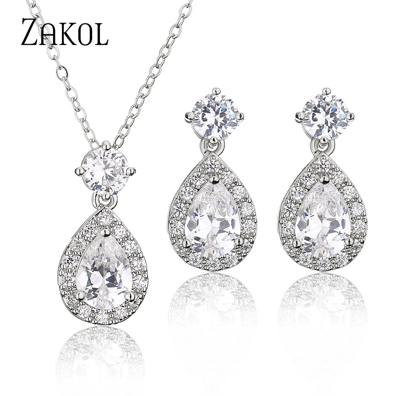 ZAKOL Luxury Geometric Water Drop Cubic Zirconia Jewelry Sets for Women Exquisite Engagement Jewelry Wedding Jewellery Set