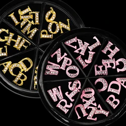 26Pcs Full Glitter Crystal English Letter Nail Charms Gold/Pink Alloy Metal Nail Art Decoration Alphabet 3D A-Z Manicure Jewelry
