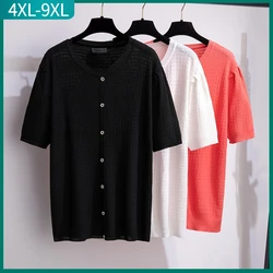 여성용 큰 반팔 슬림 화이트 블랙 탄성 풀오버 셔츠, 플러스 사이즈 니트 탑, 4XL 5XL 6XL 7XL 8XL 9XL, 2023 여름 신상