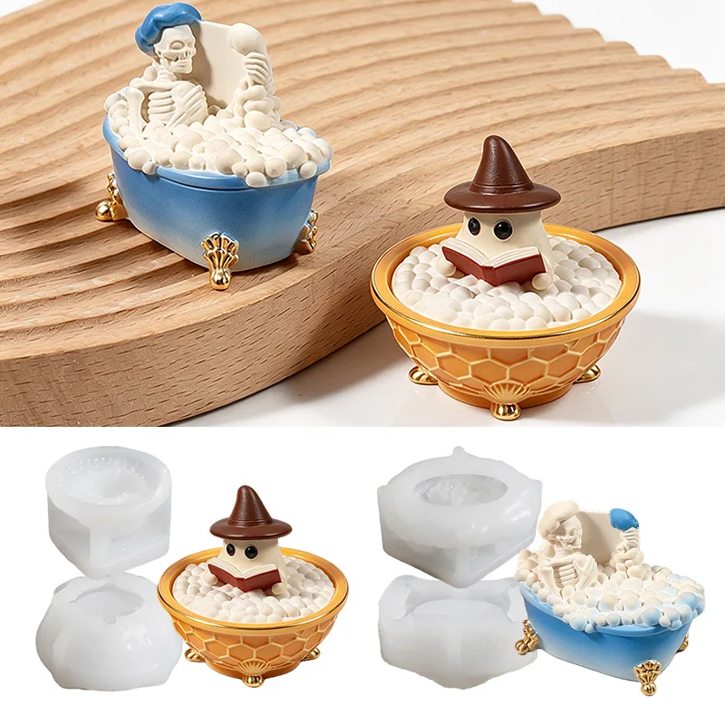 Human Skeleton Ghost Bathtub Storage Box Silicone Mold DIY Halloween Decor Candle Cup Jar And Lid Casting Plaster Resin Mold - view 2