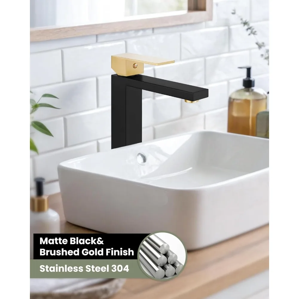 صنبور سفينة بفتحة واحدة باللون الأسود غير اللامع والذهبي المصقول، خلاط زينة بمقبض واحد مع خراطيم إمداد وتصريف منبثق غير يتدفق