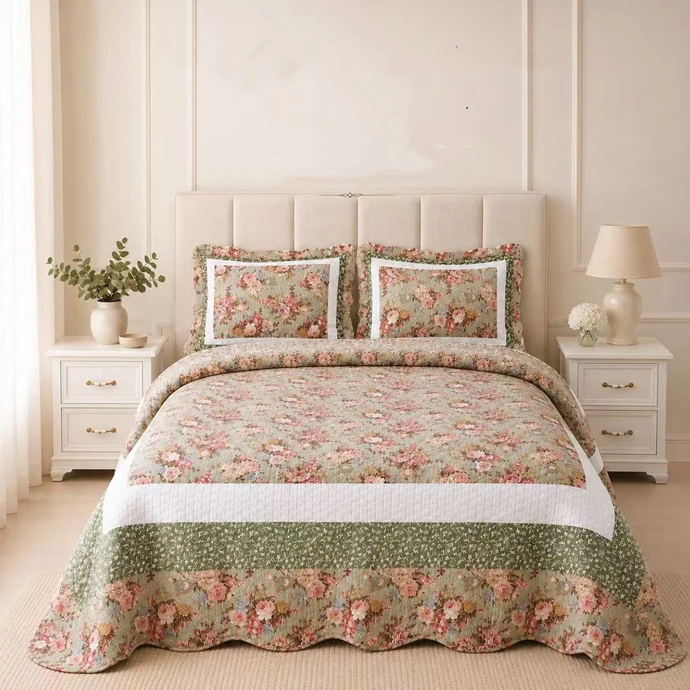 3pcs 100% Cotton Quilt Set Twin Size Bedding Quilted Blanket Bedspread American Retro Floral Pattern Bed Cover Non Slip Sheet
