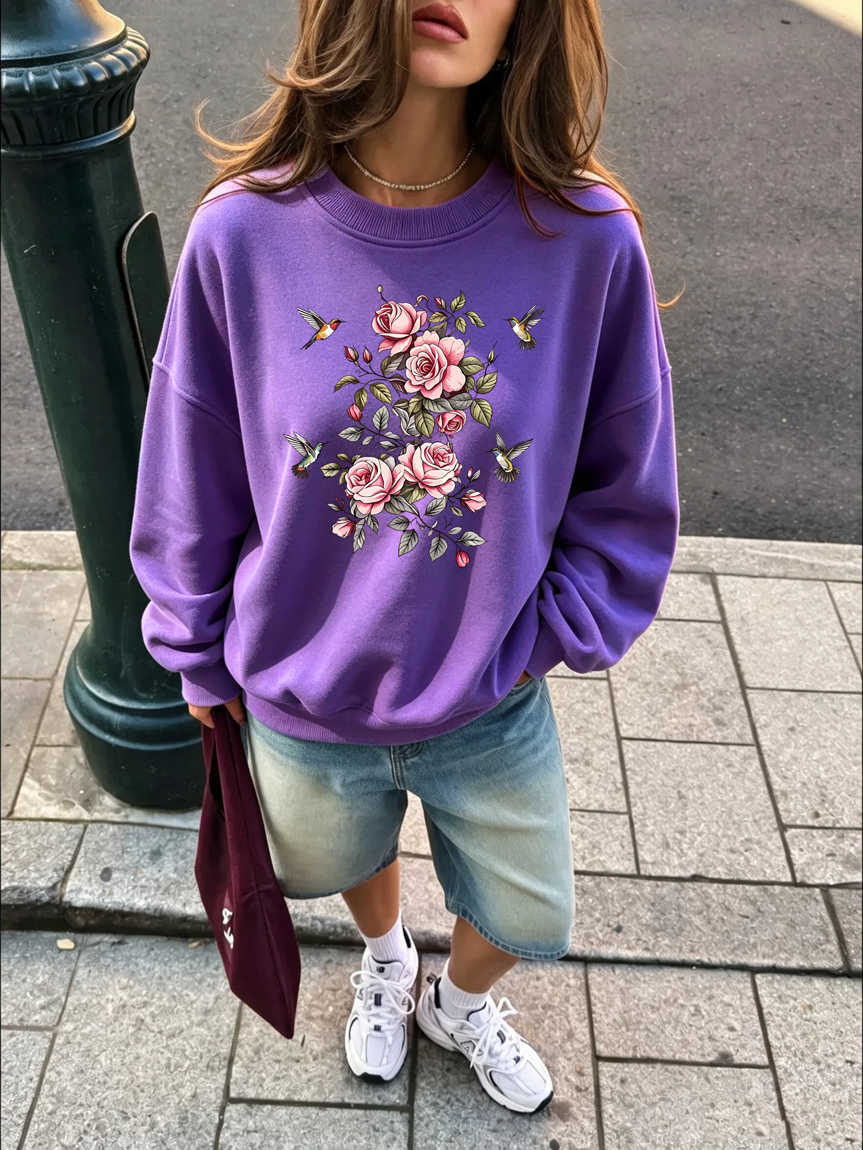 Rosa Rosen-Kolibri-Blumenmuster, Damen-Pullover mit Rundhalsausschnitt, Y2K-Sport-Sweatshirt, Herbst, lockere Kleidung, Fleece, Jogging, Streetwear – Detail 11
