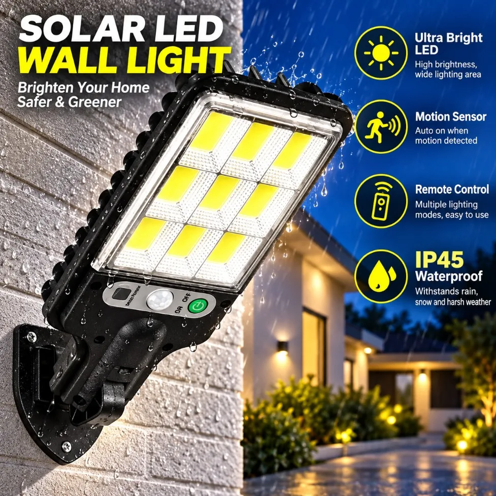 Solar Waterproof Outdoor COB Street Light PIR Motion Sensor 3 Lighting Modes with Remote Control for Garden Patio Yard Lighting