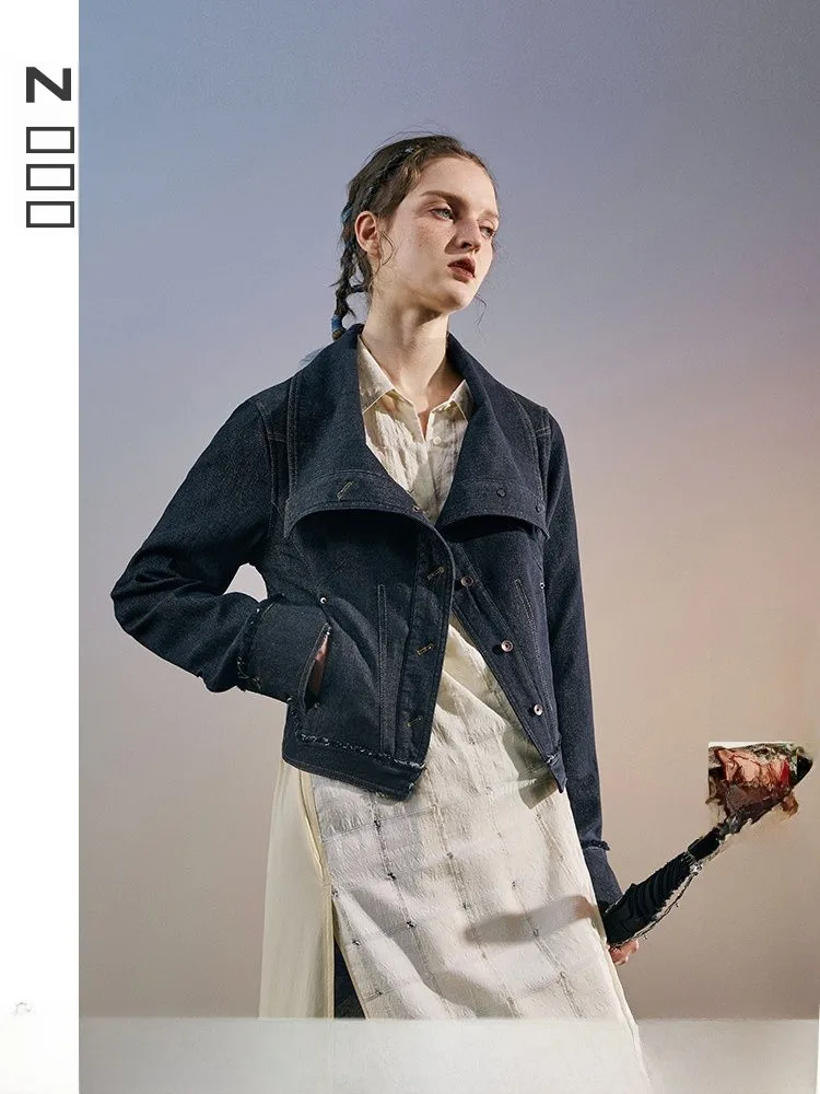 

Slim Fit High Collar Denim Jaet Flower Qing Blue Spring Design Women's ort Top Casual Sle Regular Sve Cotton Blend