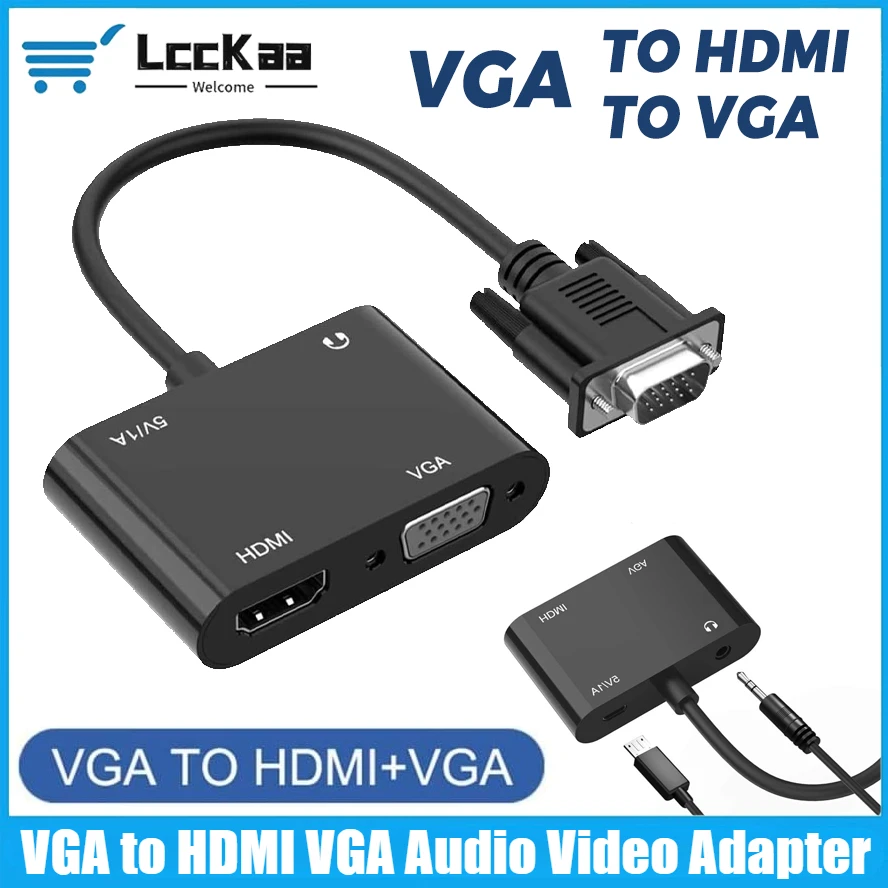 LccKaa VGA To HDMI VGA Converter 1 in 2 Out VGA Splitter with 3.5mm Audio for Computers Desktops Laptops Projector Monitor